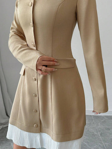 Women's Solid Color Contrast Front Button Long Sleeve Faux Pocket Casual Dress