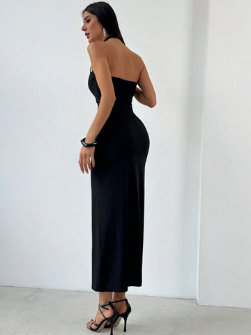 Women's Solid Color Cross Halter Neck Slim Fit Sexy Bodycon Dress