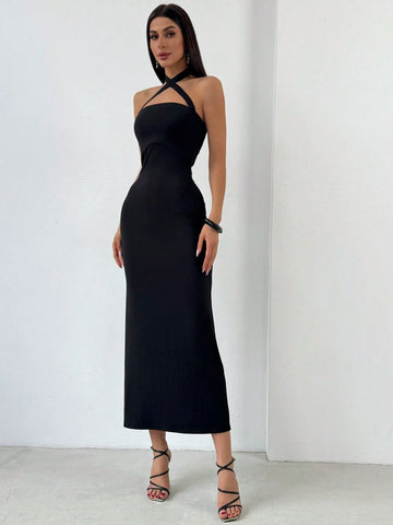 Women's Solid Color Cross Halter Neck Slim Fit Sexy Bodycon Dress