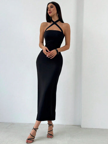 Women's Solid Color Cross Halter Neck Slim Fit Sexy Bodycon Dress