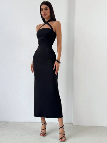 Women's Solid Color Cross Halter Neck Slim Fit Sexy Bodycon Dress