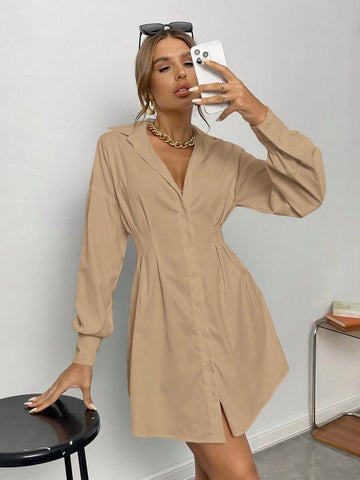 Women's Solid Color Drop Shoulder Long Sleeve Single-Breasted Casual Shirt Dress, Autumn