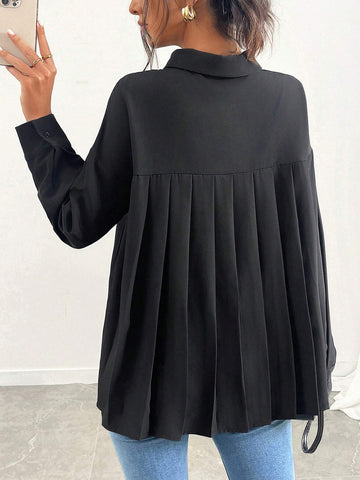 Privé Women's Solid Color Drop Shoulder Loose Pleated Back Casual Black Blouse