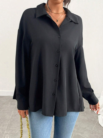 Privé Women's Solid Color Drop Shoulder Loose Pleated Back Casual Black Blouse