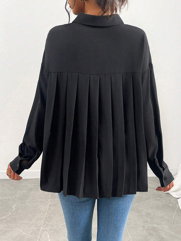 Privé Women's Solid Color Drop Shoulder Loose Pleated Back Casual Black Blouse