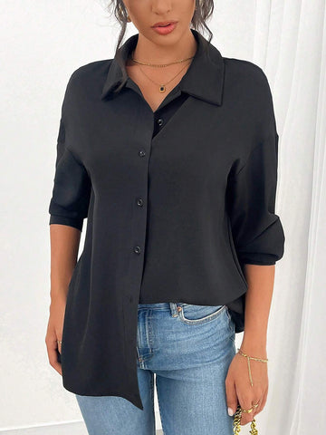 Privé Women's Solid Color Drop Shoulder Loose Pleated Back Casual Black Blouse