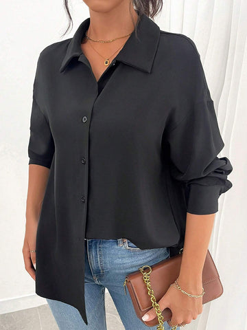 Privé Women's Solid Color Drop Shoulder Loose Pleated Back Casual Black Blouse