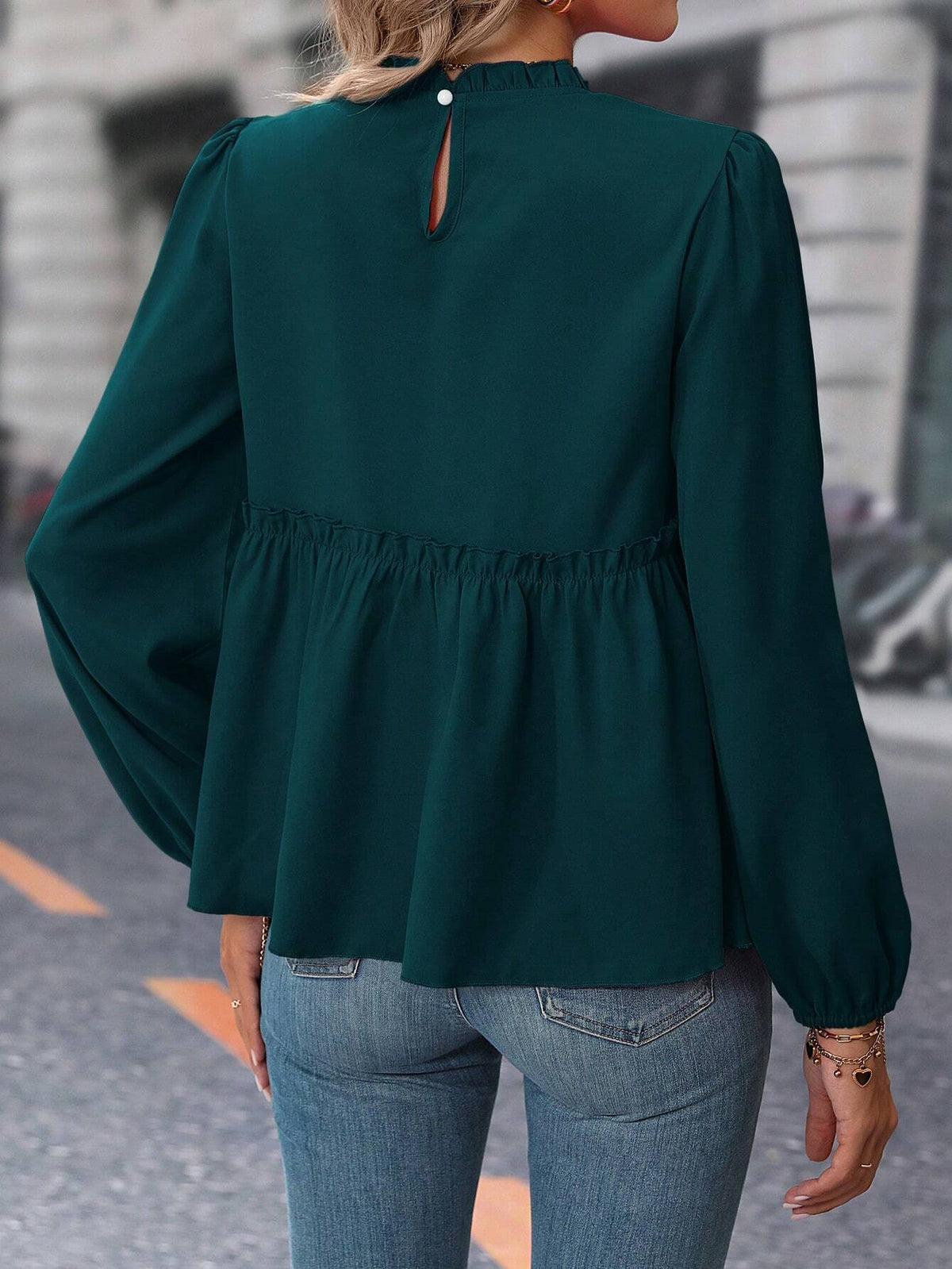 Privé Women's Solid Color Elegant Puff Sleeve Blouse With Ruffle Hem, Autumn