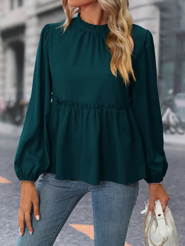 Privé Women's Solid Color Elegant Puff Sleeve Blouse With Ruffle Hem, Autumn