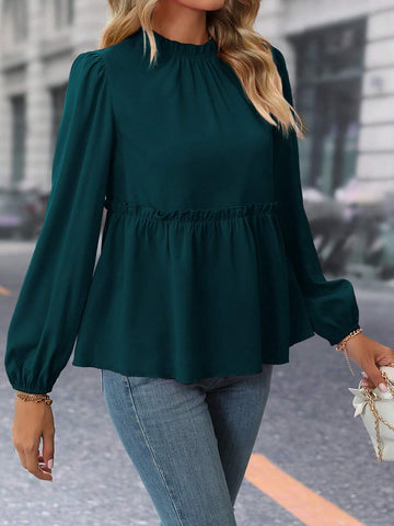 Privé Women's Solid Color Elegant Puff Sleeve Blouse With Ruffle Hem, Autumn