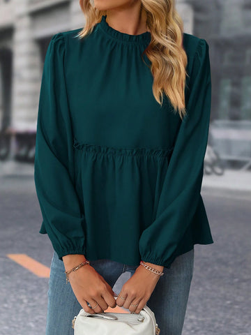 Privé Women's Solid Color Elegant Puff Sleeve Blouse With Ruffle Hem, Autumn