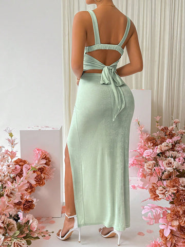 Women's Solid Color Fish Tail Hem Backless Strappy Maxi Dress