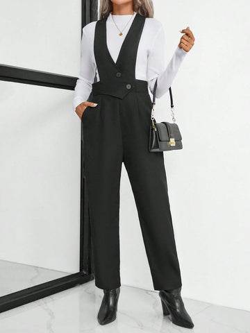Women's Solid Color Fold Pleated Slant Pocket Bib Jumpsuit Pants