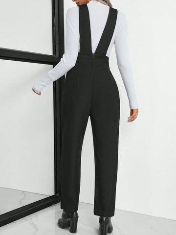 Women's Solid Color Fold Pleated Slant Pocket Bib Jumpsuit Pants