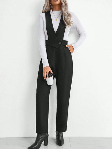 Women's Solid Color Fold Pleated Slant Pocket Bib Jumpsuit Pants