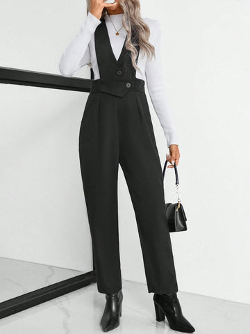 Women's Solid Color Fold Pleated Slant Pocket Bib Jumpsuit Pants