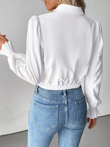 Privé Women's Solid Color Front Button Long Sleeve Casual Blouse, Daily Wear