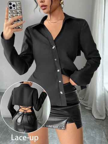 Privé Women's Solid Color Front Button Long Sleeve Casual Shirt