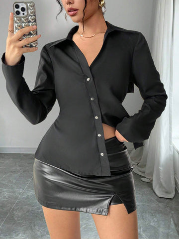 Privé Women's Solid Color Front Button Long Sleeve Casual Shirt