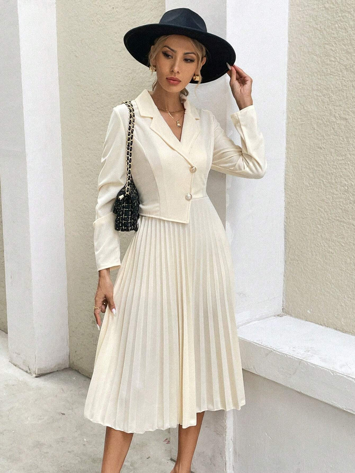 Women's Solid Color Front Button Pleated Elegant Long Sleeve Dress