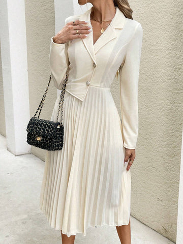 Women's Solid Color Front Button Pleated Elegant Long Sleeve Dress