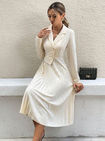 Women's Solid Color Front Button Pleated Elegant Long Sleeve Dress