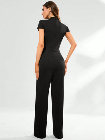 Women's Solid Color Hollow Out Twist-knot Jumpsuit With Straight Legs