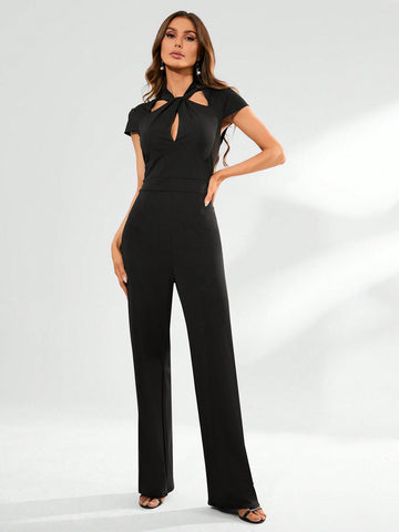 Women's Solid Color Hollow Out Twist-knot Jumpsuit With Straight Legs