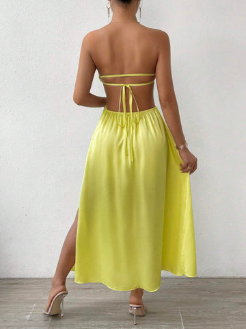Women's Solid Color Hollow Out Waist Side Slit Bandeau Maxi Dress