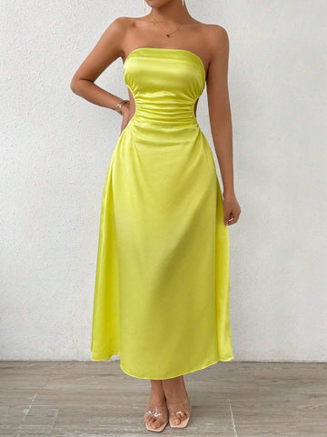 Women's Solid Color Hollow Out Waist Side Slit Bandeau Maxi Dress