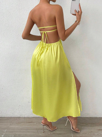 Women's Solid Color Hollow Out Waist Side Slit Bandeau Maxi Dress