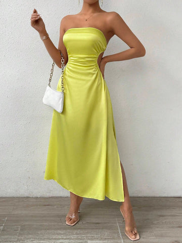 Women's Solid Color Hollow Out Waist Side Slit Bandeau Maxi Dress