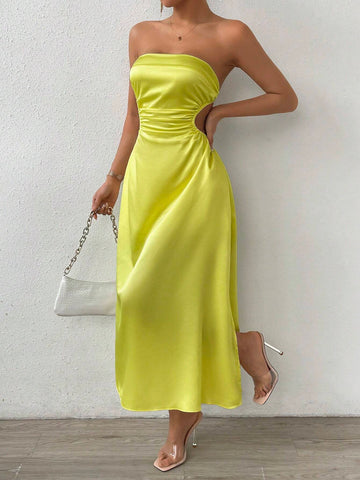 Women's Solid Color Hollow Out Waist Side Slit Bandeau Maxi Dress