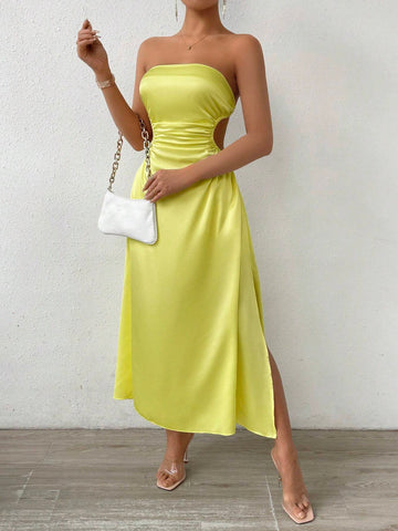Women's Solid Color Hollow Out Waist Side Slit Bandeau Maxi Dress