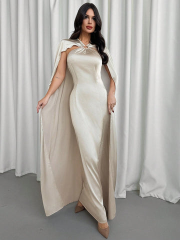Women's Solid Color Hoop Connected Cloak Design Elegant Long Dress