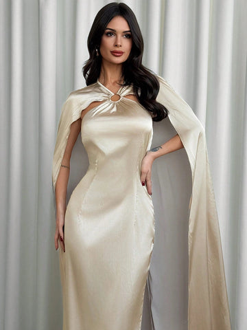 Women's Solid Color Hoop Connected Cloak Design Elegant Long Dress