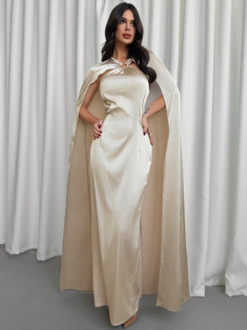 Women's Solid Color Hoop Connected Cloak Design Elegant Long Dress