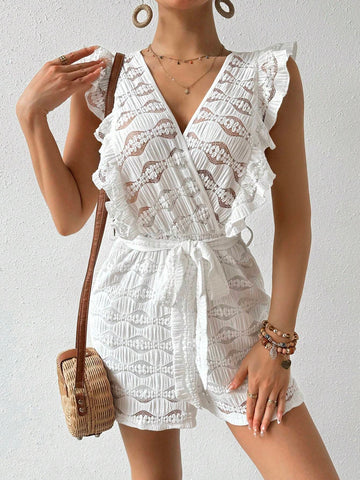 Women's Solid Color Lace Patchwork V-Neck Sleeveless Jumpsuit