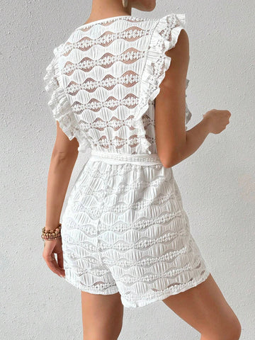 Women's Solid Color Lace Patchwork V-Neck Sleeveless Jumpsuit