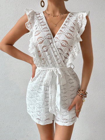 Women's Solid Color Lace Patchwork V-Neck Sleeveless Jumpsuit