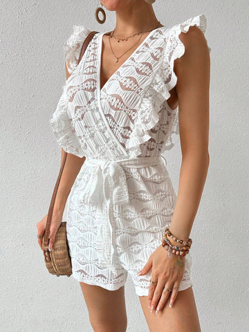 Women's Solid Color Lace Patchwork V-Neck Sleeveless Jumpsuit