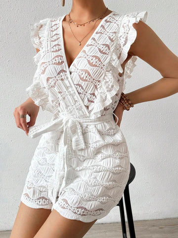 Women's Solid Color Lace Patchwork V-Neck Sleeveless Jumpsuit