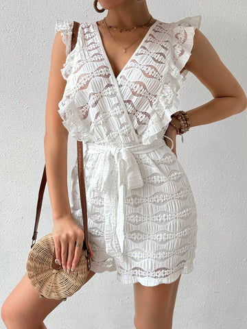 Women's Solid Color Lace Patchwork V-Neck Sleeveless Jumpsuit