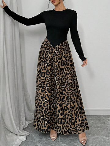 Women's Solid Color Leopard Print Patchwork Minimalist Daily Wear Long Sleeve Dress