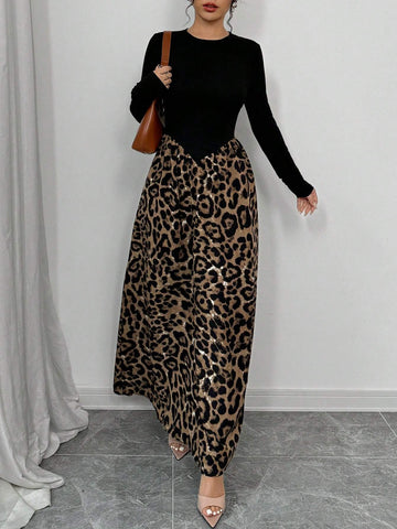 Women's Solid Color Leopard Print Patchwork Minimalist Daily Wear Long Sleeve Dress