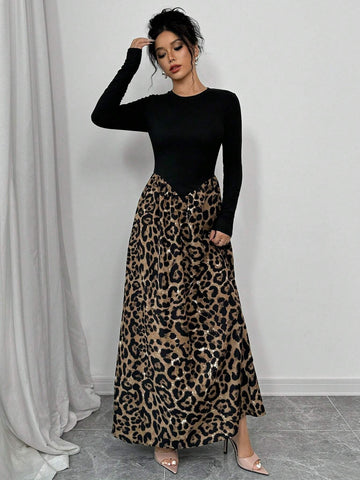 Women's Solid Color Leopard Print Patchwork Minimalist Daily Wear Long Sleeve Dress