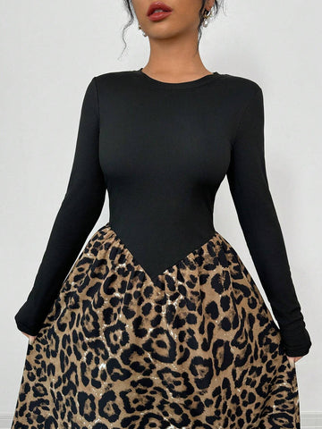 Women's Solid Color Leopard Print Patchwork Minimalist Daily Wear Long Sleeve Dress