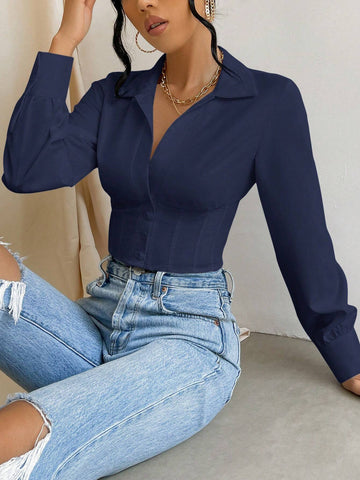 Privé Women's Solid Color Long Sleeve Button-Up Waist-Cinched Casual Blouse, Autumn