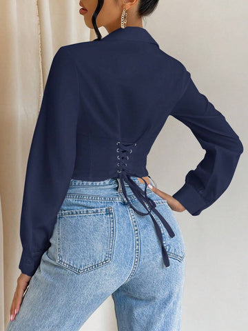 Privé Women's Solid Color Long Sleeve Button-Up Waist-Cinched Casual Blouse, Autumn