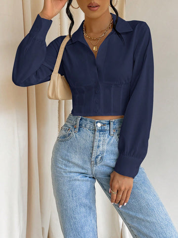 Privé Women's Solid Color Long Sleeve Button-Up Waist-Cinched Casual Blouse, Autumn